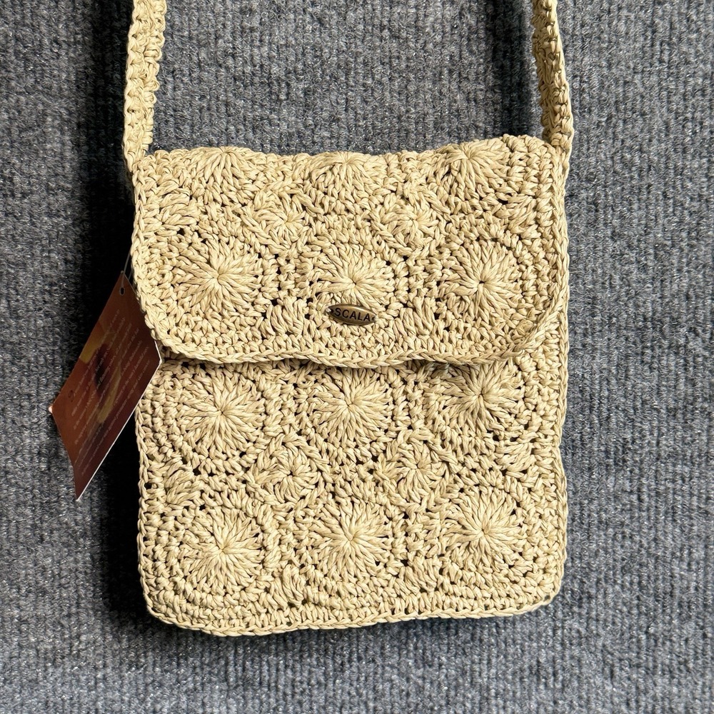 Scala Paper Straw Crochet Crossbody Bag Natural Boho‎ Small Vacation Purse NWT